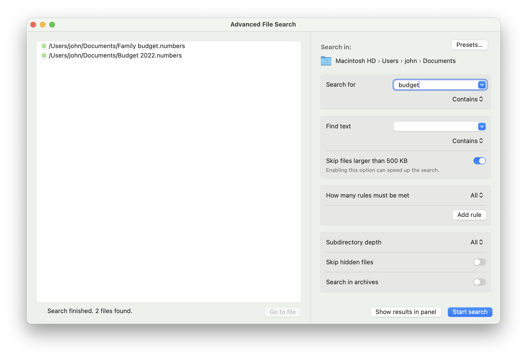 Advanced file search screenshot showing search filters and options interface