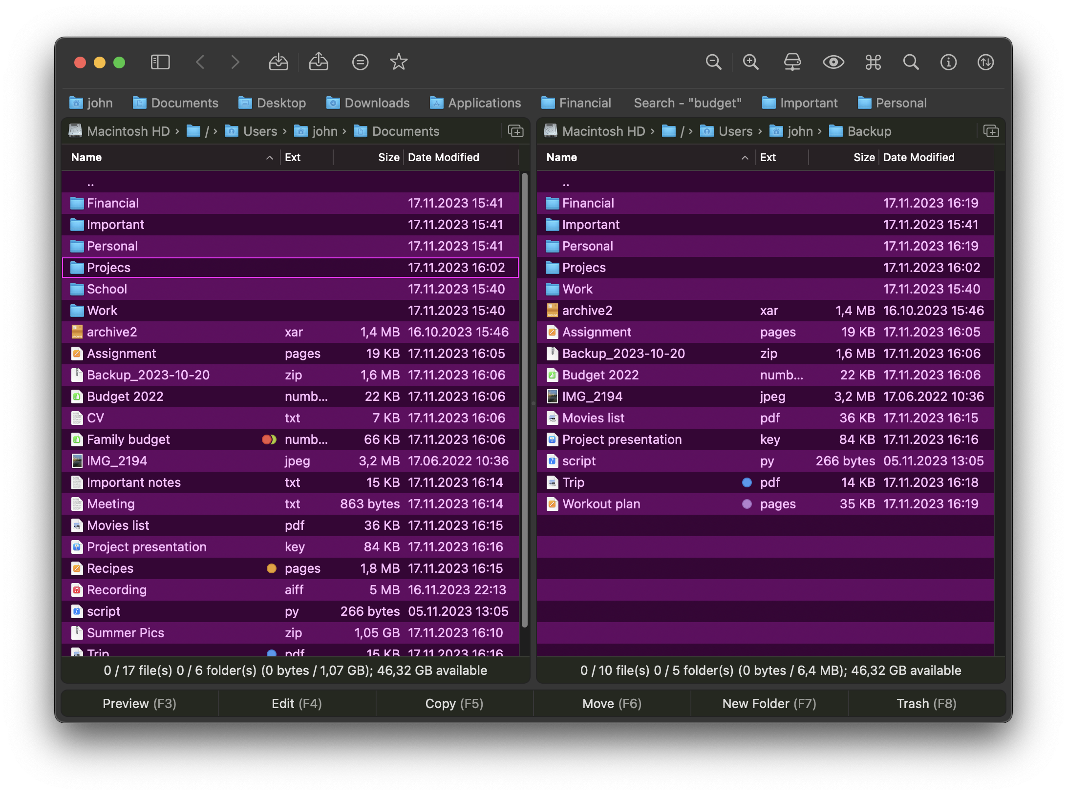 Screenshot of dark mode with custom table colors showing DoubleXplorer's customizable interface