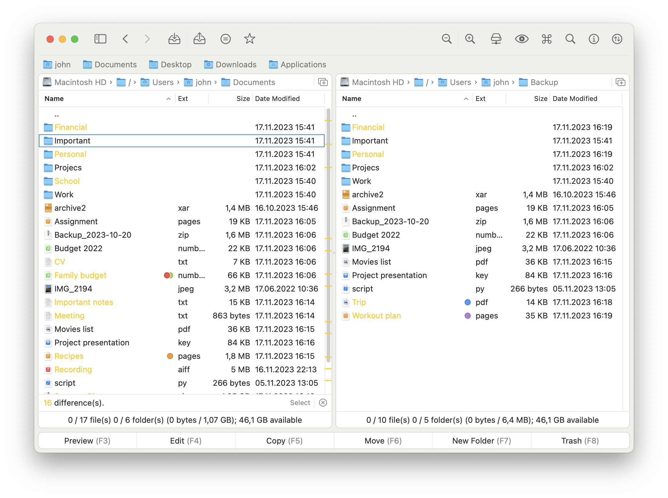 Directory compare screenshot showing side-by-side folder comparison with highlighted differences