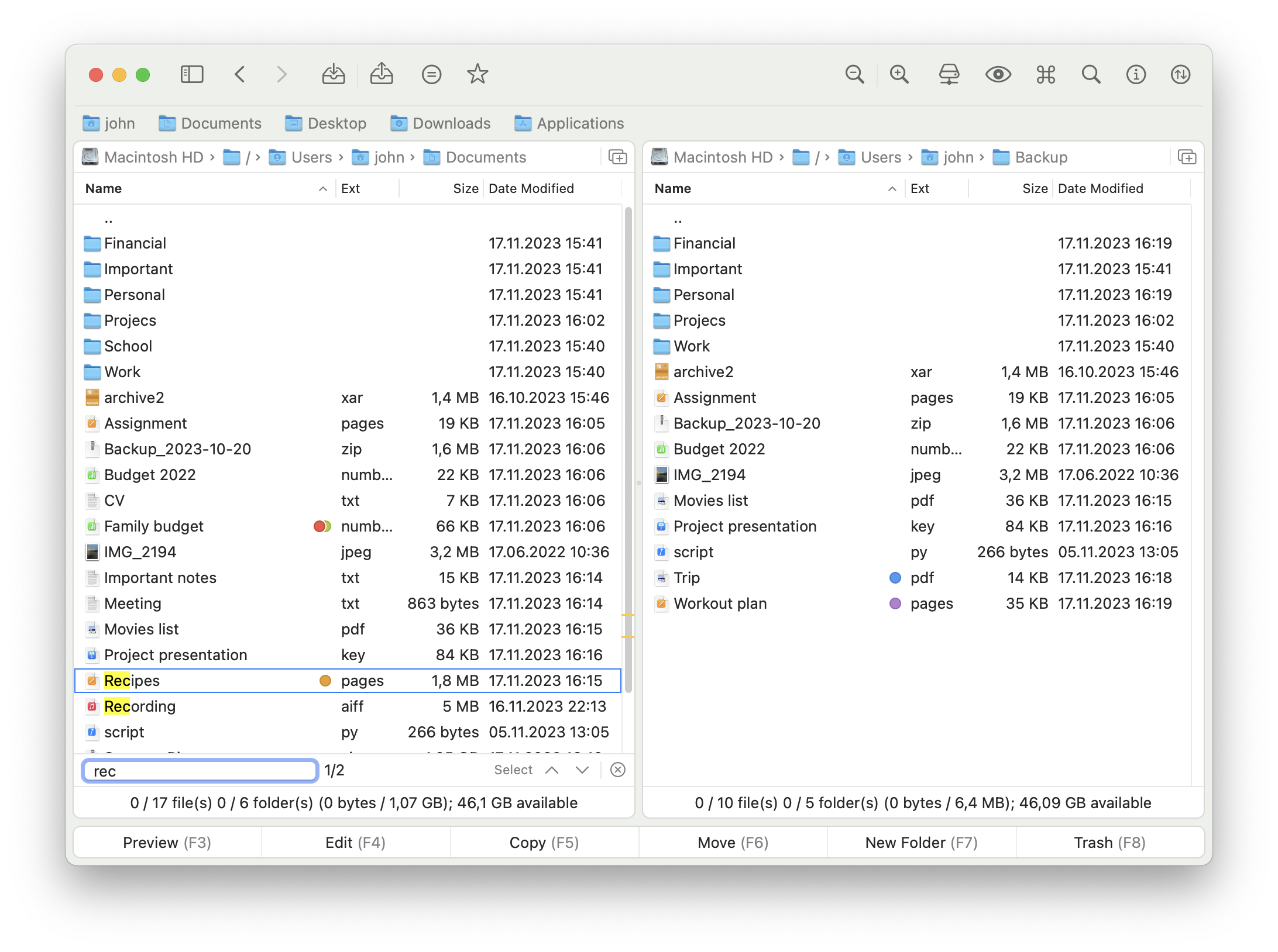 Quick search screenshot showing instant file highlighting within the current directory